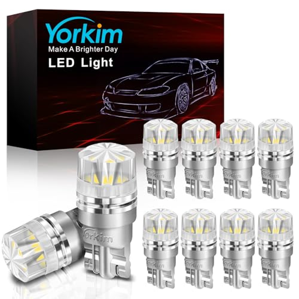 Yorkim 10psc 194 LED Bulbs 6500K White with special diamond cover 168 Led Bulb 2825 W5W T10 Led Bulb for Car Interior Lights Courtesy Map Dome Trunk License Plate Lights Side Marker Lights, Pack of 10