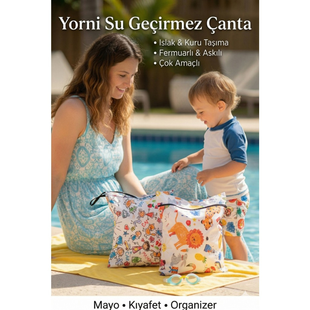 Yorni 2 ADET Jungle ve Family Desen 30X35CM Islak Kuru Çanta Sıvı Geçirmez Fermuarlı Askılı Çok Amaçlı Organizer Mayo ve Kirli Çamaşır Çantası, Mak... Bayan Plaj Çantası Fiyatı