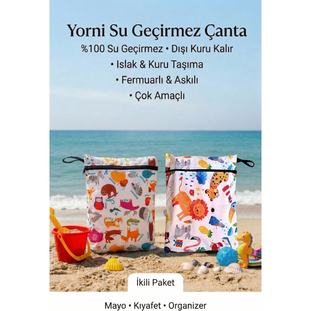 Yorni 2 ADET Jungle ve Zoo Desen 30X35CM Islak Kuru Çanta Sıvı Geçirmez Fermuarlı Askılı Çok Amaçlı Organizer Mayo ve Kirli Çamaşır Çantası, Makine... Bayan Plaj Çantası Fiyatı