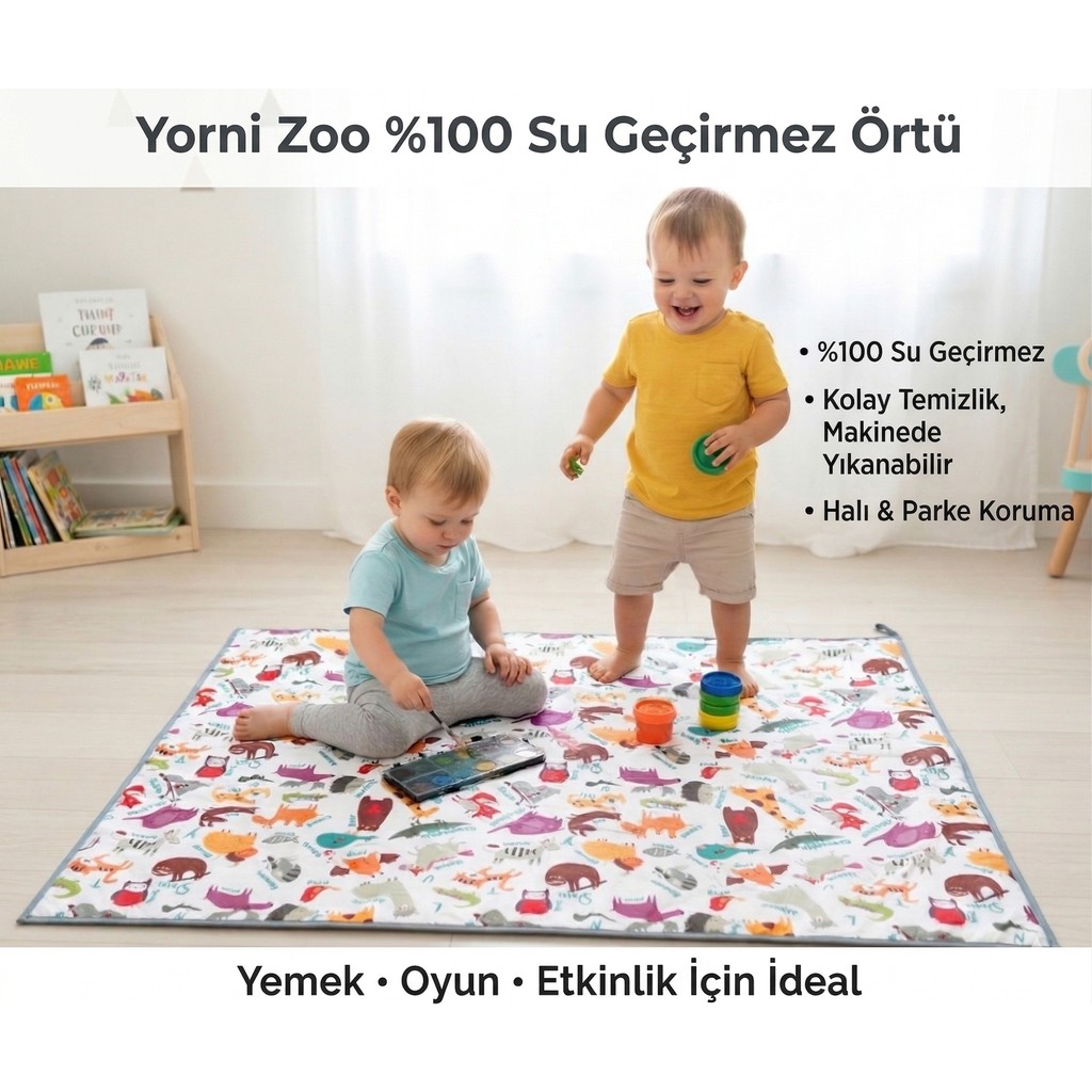 Yorni Zoo, 145X150CM Yemek, Beslenme, Ek Gıdaya Geçişte, Sıvı Geçirmeyen, Yıkanabilir, Ekstra Geniş Örtü - Renkli Mama Seti Fiyatı