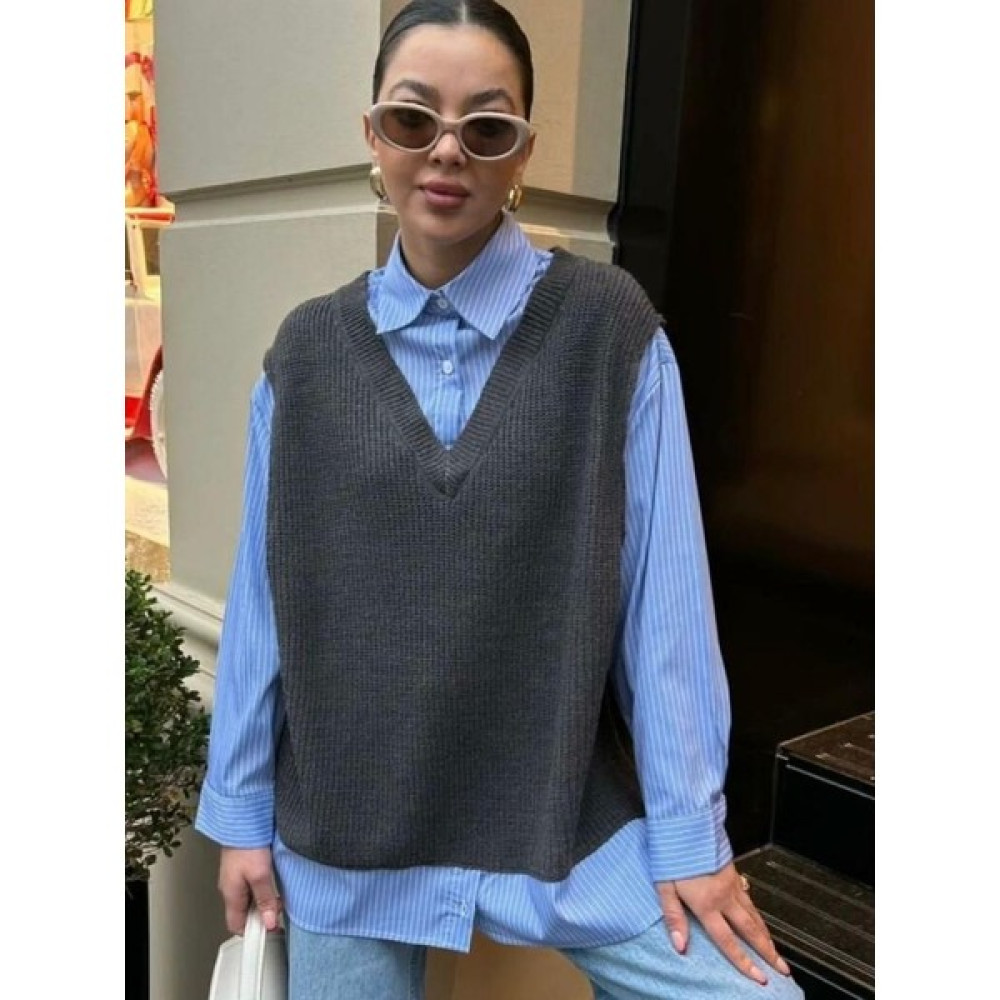 You Like Butik Çizgili Gömlek Detaylı Süveter Bayan Kazak & Süveter & Triko Fiyatı