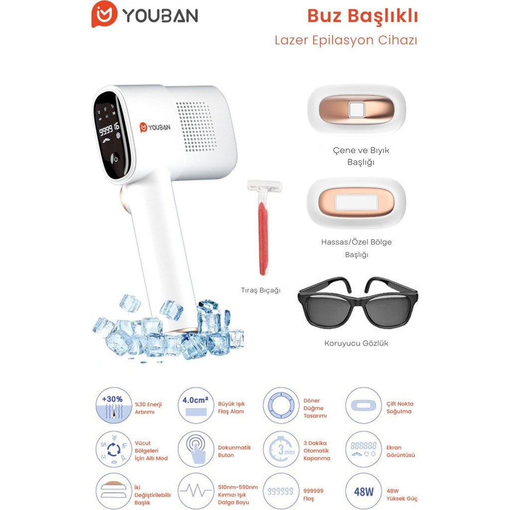 Youban Buz Lazer Epilasyon Cihazı 999.999 Atım Beyaz Renkli Hassas Bölge Kullanımı İçin Diğer Fiyatı