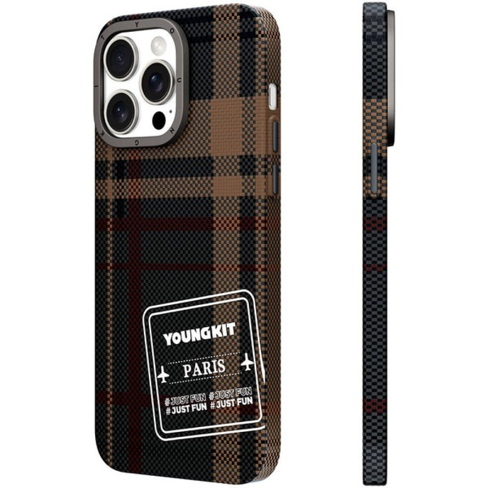 YoungKit YoungKit iPhone 15 Pro Kılıf Ekose Desenli Youngkit Gezhi Serisi Kapak Kahverengi Cep Telefonu Kılıfı Fiyatı