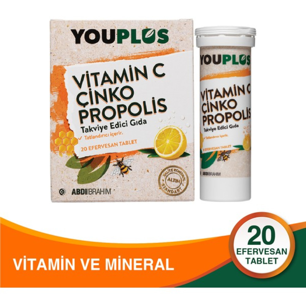 Youplus Vitamin C, Çinko & Propolis 20 Efervesan Tablet - Abdi İbrahim Sağlık / Diyet Fiyatı