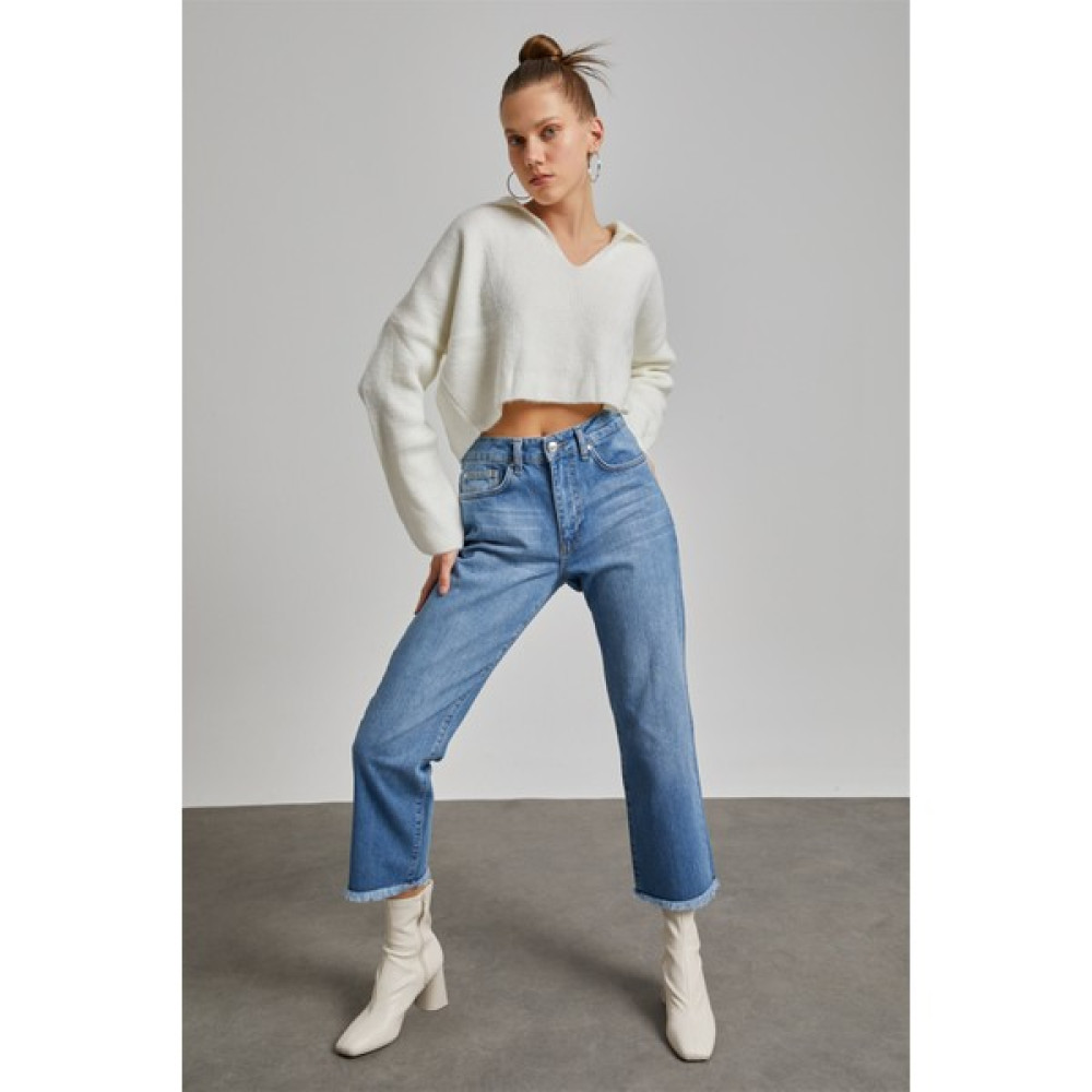 Your Name Kadın Mavi Yüksek Bel Pis Paça Loose Straight Jean Bayan Jeans / Kot Pantolon Fiyatı