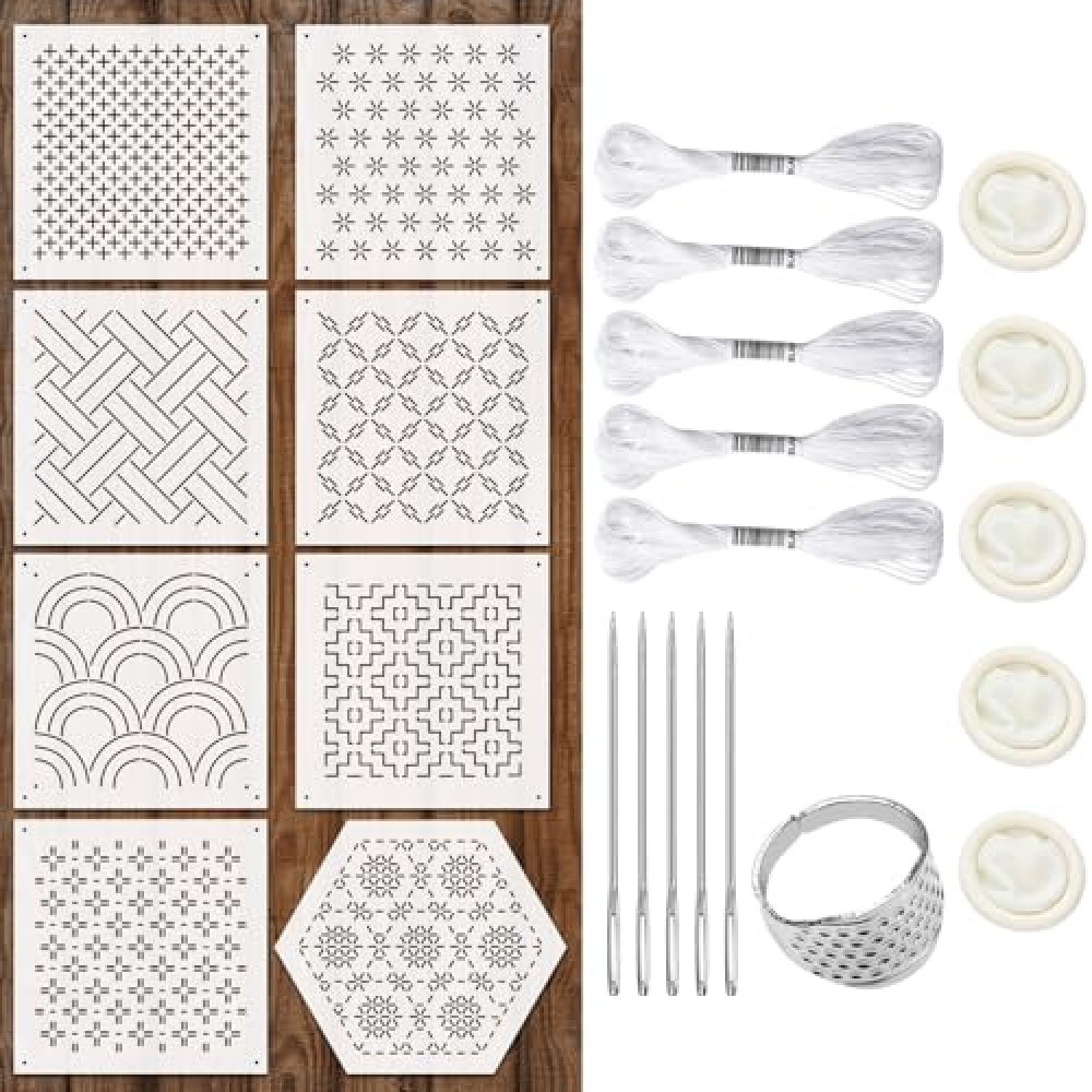 Yousoontic 24 Pcs 4.7 x 4.7 Inch Plastic Sashiko Stencil Kit with Sashiko Thimble and Needles Thread Geometric Pattern Template Drawing Line Embroidery Pattern for Hand Quilting and Embroidery