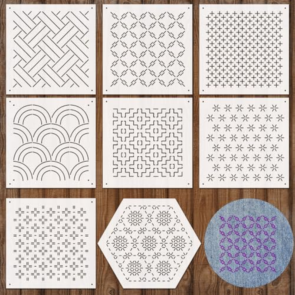Yousoontic 8 Pcs 4.7 x 4.7 Inch Plastic Sashiko Stencil kit Geometric Sashiko Pattern Template Drawing Line Embroidery Pattern for Hand Quilting and Embroidery, 2.5mm Thick(Traditional Style)