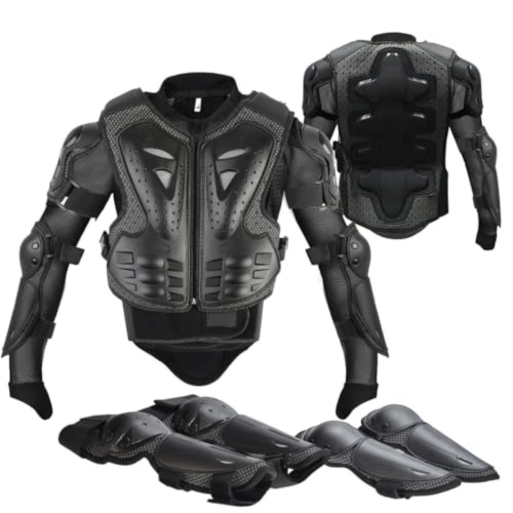 Youth Dirt Bike Gear, JUSTDOLIFE 5 PCS Motorcycle Armbor Protection Jacket, Kids Motorcycle Armor with Knee Pads Elbow Pads Chest Protector Racing for Outdoor Sports (Black)