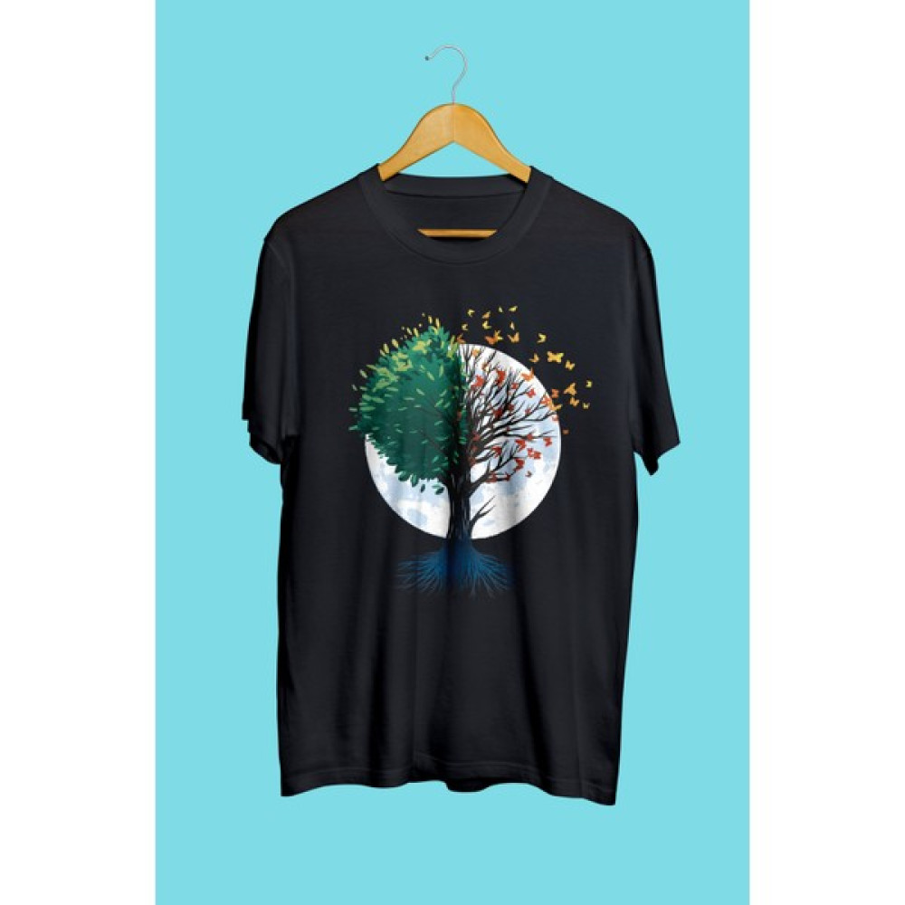 YQYQ Kelebekler Ağaç Manzara Sonbahar Detaylı Tasarım Baskılı Unisex Tişört Bayan T-shirt Fiyatı