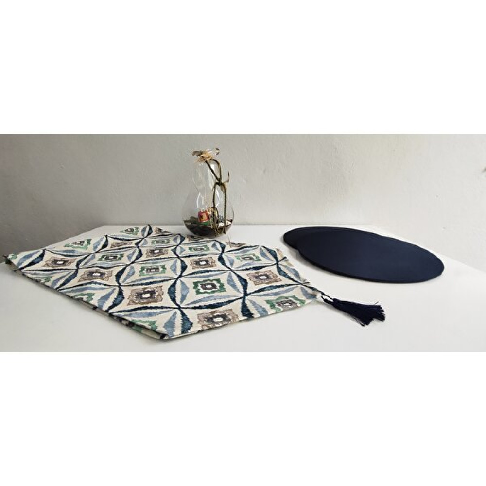 YS Home Tekstil Amerikan Servis Runner ve 2li Supla Takımı Yuvarlak Etnikdesenli - 40 x 142 cm - Lacivert Amerikan Servis Fiyatı