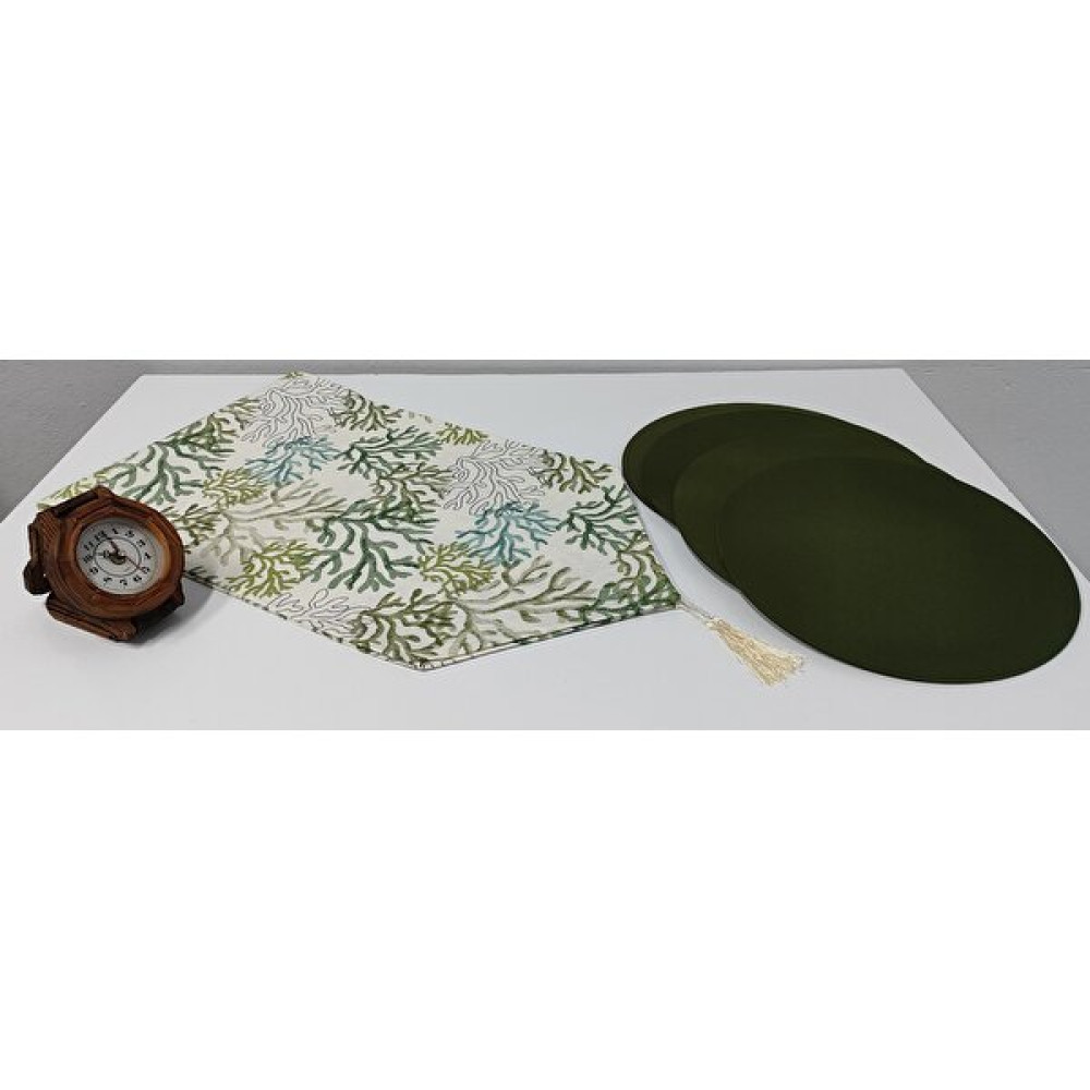 YS Home Tekstil Amerikan Servis Runner ve 4lü Supla Takımı Yeşil Mercan Desenli - 40 x 142 cm Amerikan Servis Fiyatı