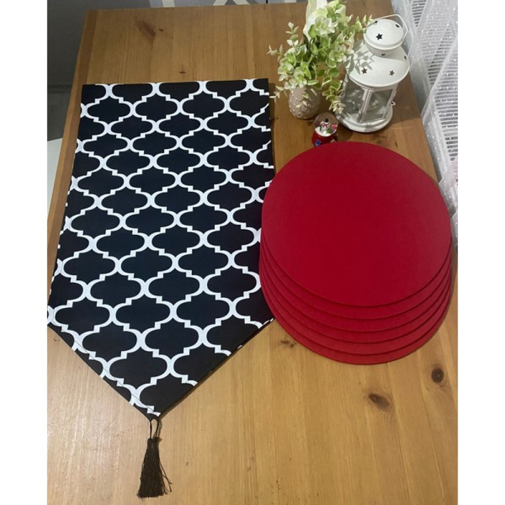 YS Home Tekstil Amerikan Servis Runner ve 6lı Supla Takımı Klasik Desenli - Siyah - 40 x 140 cm Amerikan Servis Fiyatı