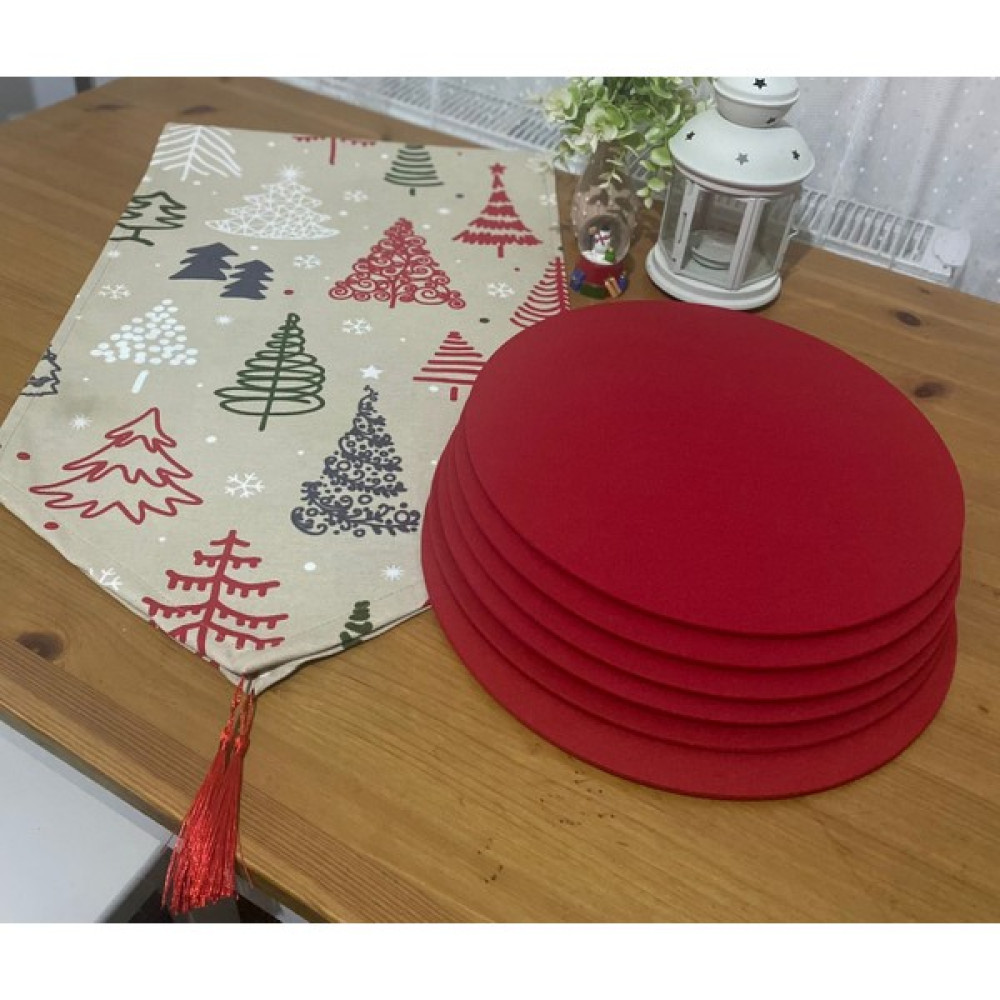 YS Home Tekstil Amerikan Servis Runner ve 6lı Supla Takımı Yılbaşı Desenli - Kırmızı - 40 x 140 cm Amerikan Servis Fiyatı