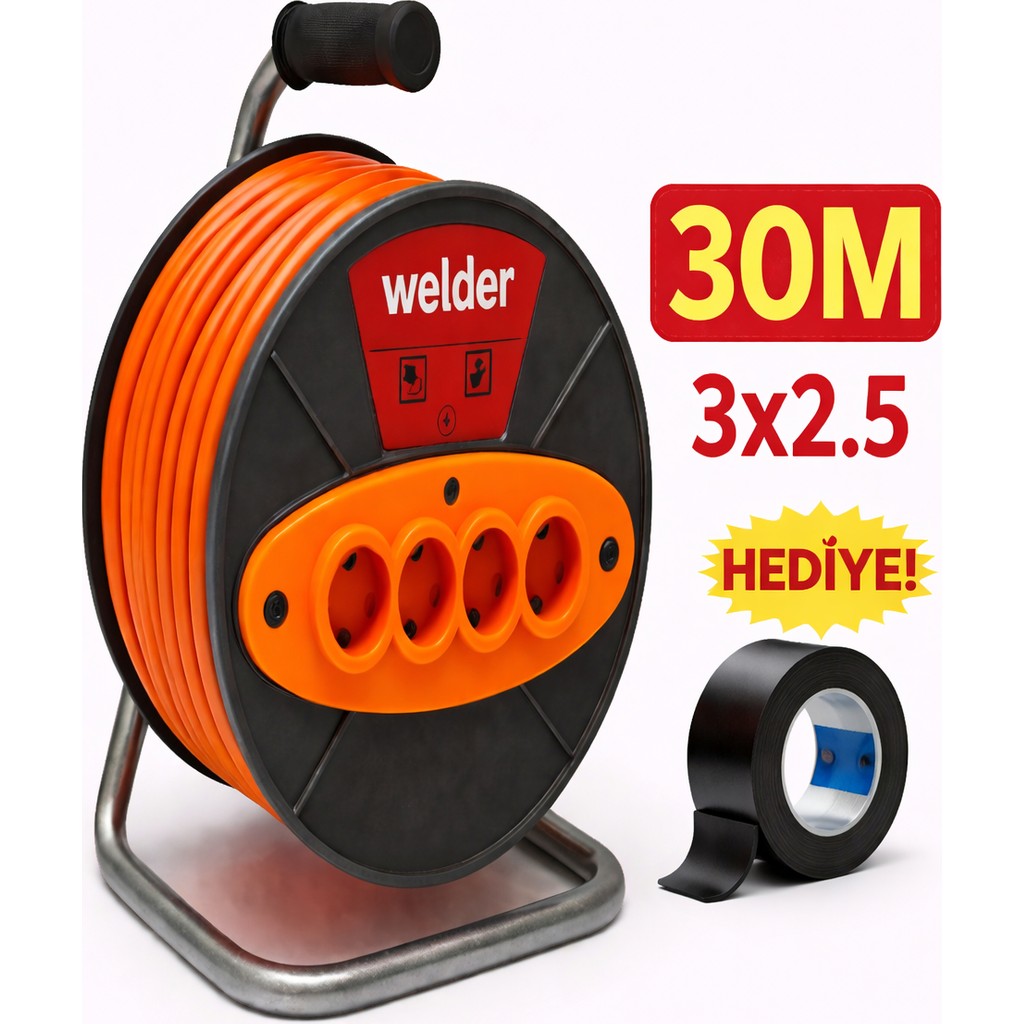 Ys Welder 3 x 2,5 30 Metre Sertifikalı Makaralı Seyyar Uzatma Kablosu 4 Prizli - Gri Diğer Fiyatı