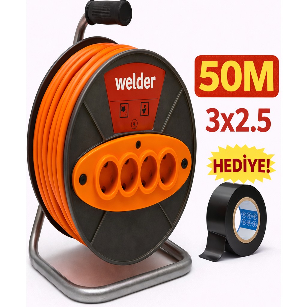 Ys Welder 3 x 2,5 50 Metre Makaralı Seyyar Uzatma Kablosu 4 Prizli ( Dörtlü ) - Gri Diğer Fiyatı