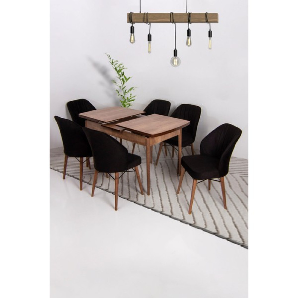 Ysf Woods Ceviz Serisi Mdf Masa Takımı/ 6 Sandalye 1 Masa /Mutfak Sandalye Takımı /Açılır Kapanır - Siyah Masa - Sandalye Seti / Takımı Fiyatı