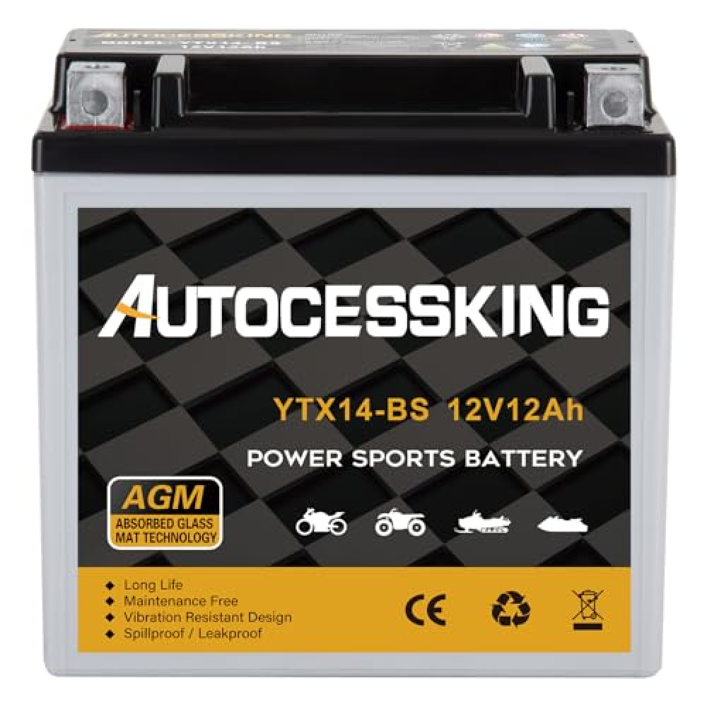 YTX14-BS Motorcycle Battery, 12V 12Ah SLA Batteries Maintenance Free Scooter ATV AGM Replacement Battery