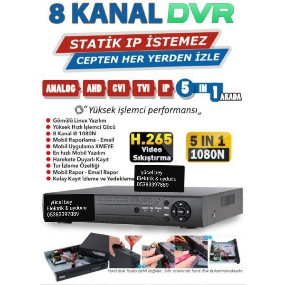 Yücelbey26 4K FULL HD 8 Kanal kayıt Cıhazı Yüz Tanımali Hereket Algılama Cepte hd Izle - Siyah Güvenlik Kameraları Fiyatı