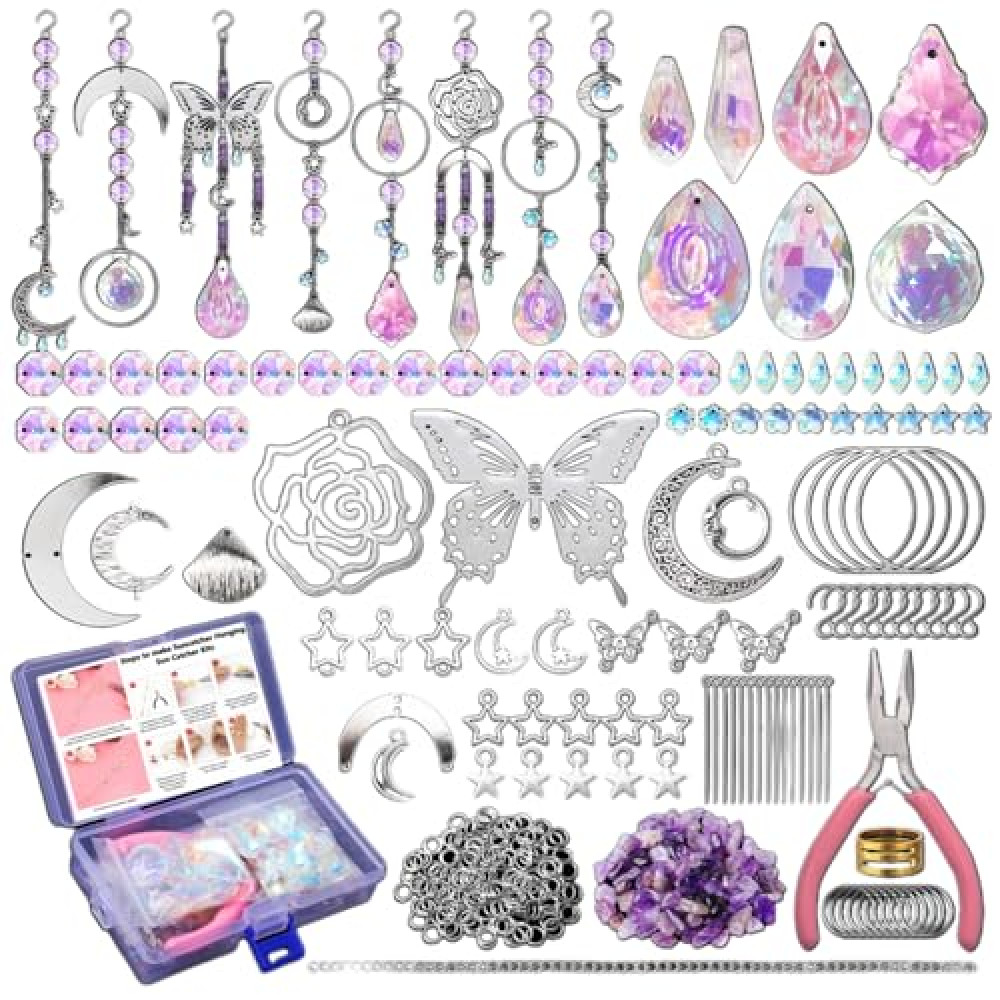 YUELER Pack of 200 Suncatchers Craft Set Sun Catchers Craft Set with Hooks Chain Crystal Pendant Sun Catchers for Garden Window