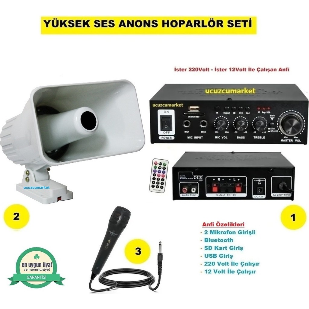 Yüksek Ses Anons Pazarcı Hoparlör Seti (Açık Hava Horn Hoparlör - Mikrofon - USB - Sd Kart Girişli Mobil Amfi) Bluetooth Hoparlör Fiyatı