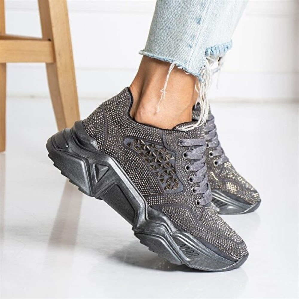Yüksek Taban Taşlı Gri Kadın Sneaker Spor Ayakkabı Fiyatı