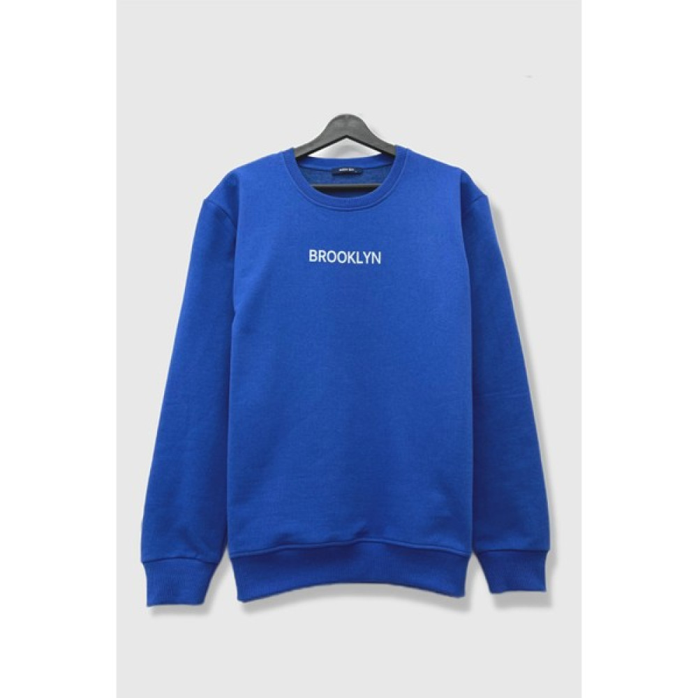 Yüksel Işık Brooklyn Beyaz Baskılı - Bisiklet Yaka - Saks Mavisi Renk - Sweatshırt Erkek Sweatshirt Fiyatı