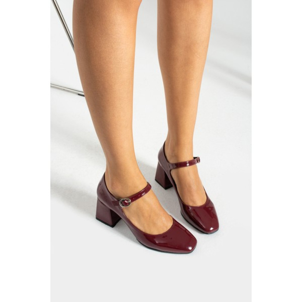 Yula Fashion Shoes Küt Burun Mary Jane Bordo Rugan Kadın Topuklu Ayakkabı Topuklu Ayakkabı Fiyatı
