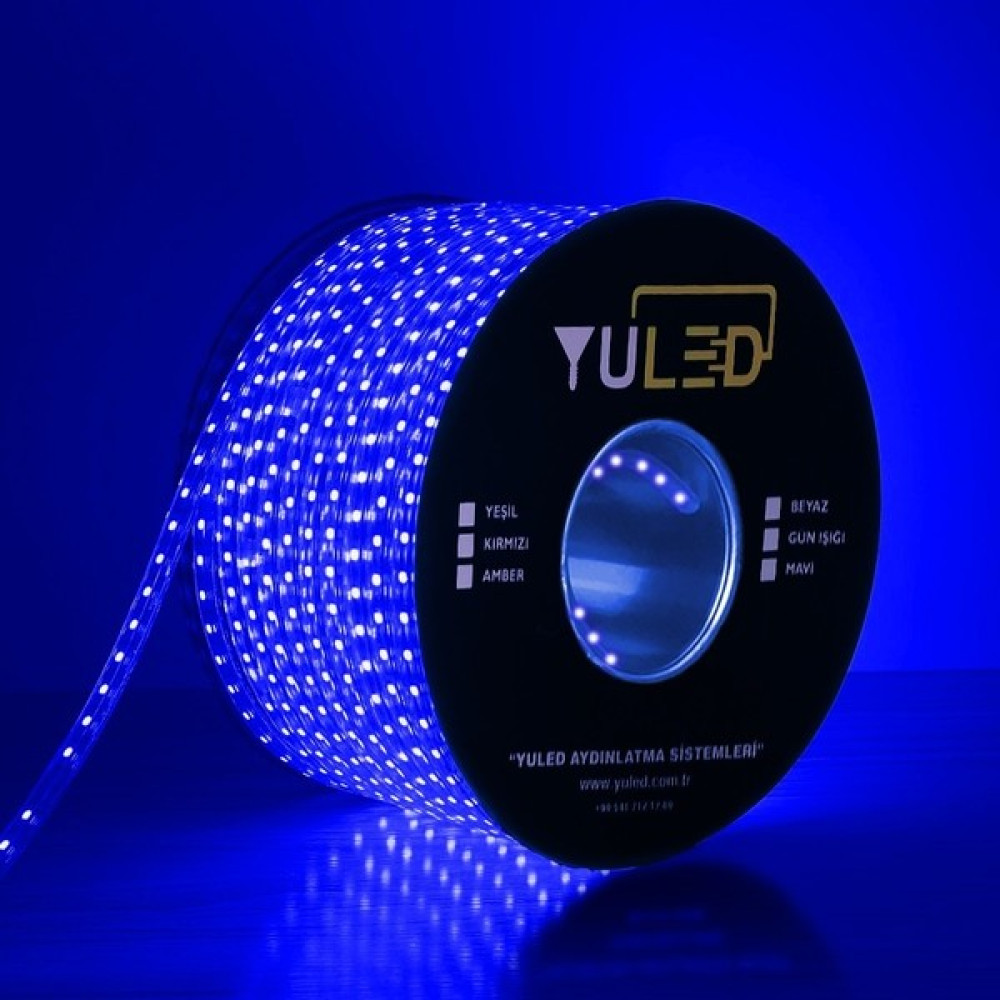 Yuled 220V Silikonlu Yapışkanlı 10 cm Kesimli Hortum Şerit LED 5 Metre Mavi+Güç Fişi Led Aydınlatmalar Fiyatı