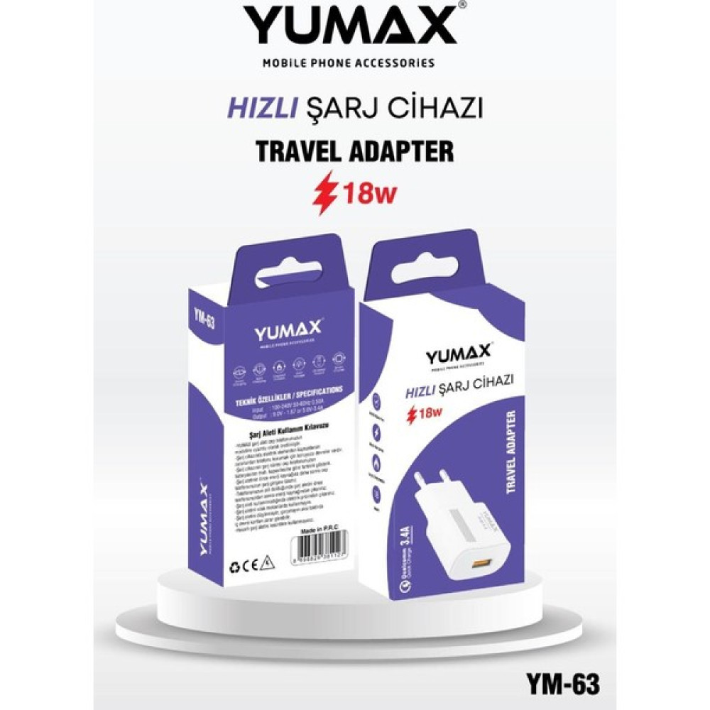 Yumax USB Girişli Hızlı Şarj Adaptörü - Beyaz Cep Telefonu Şarj Cihazı Fiyatı