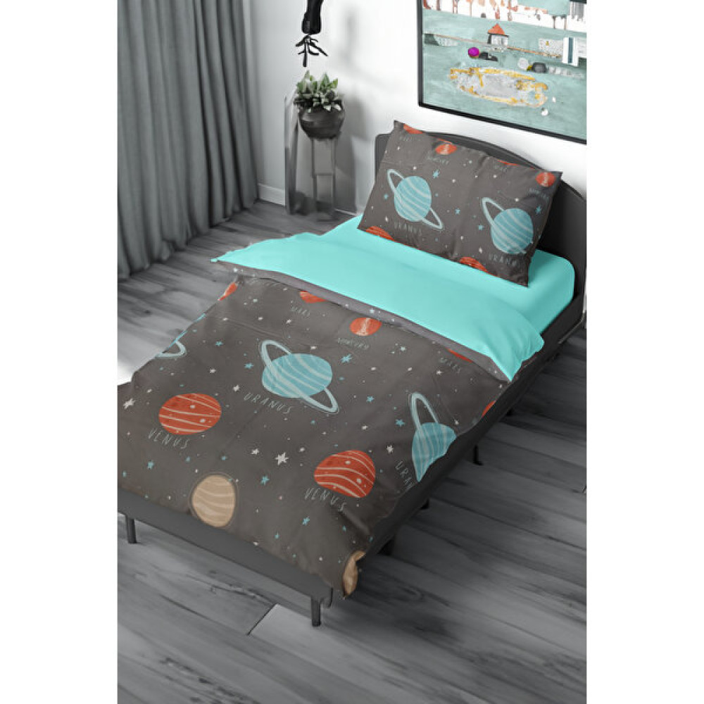Yummotr Tek Kişilik Planet Nevresim Takımı - Çarşafsız - Siyah - Beyaz - Turuncu - 160 x 230 cm Nevresim Takımı Fiyatı