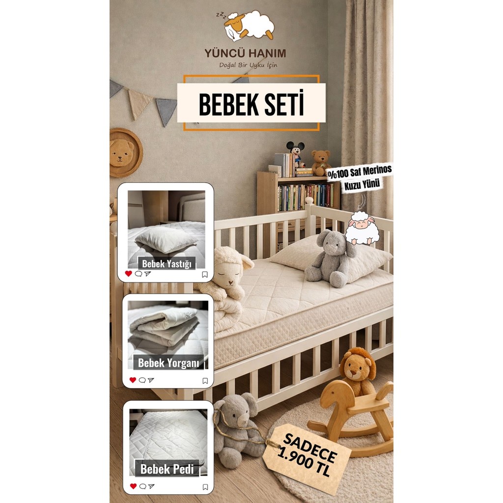 Yüncü Hanım Yün Dolgu Bebek Uyku Seti 3'lü Paket (Yün Yorgan + Yün Alez + Yün Yastık) - Beyaz - 70 x 110 cm Yastık Kılıfı Fiyatı