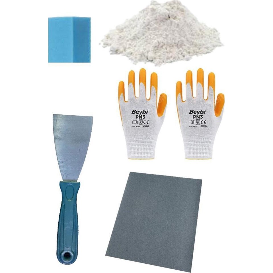 Yunus Kayatek Duvar Tamir Seti 2 kg Saten Alçısı, Spatula, Zımpara, Sıva Süngeri, İşçi Eldiveni 5 Parça Set Boya Malzemeleri Fiyatı