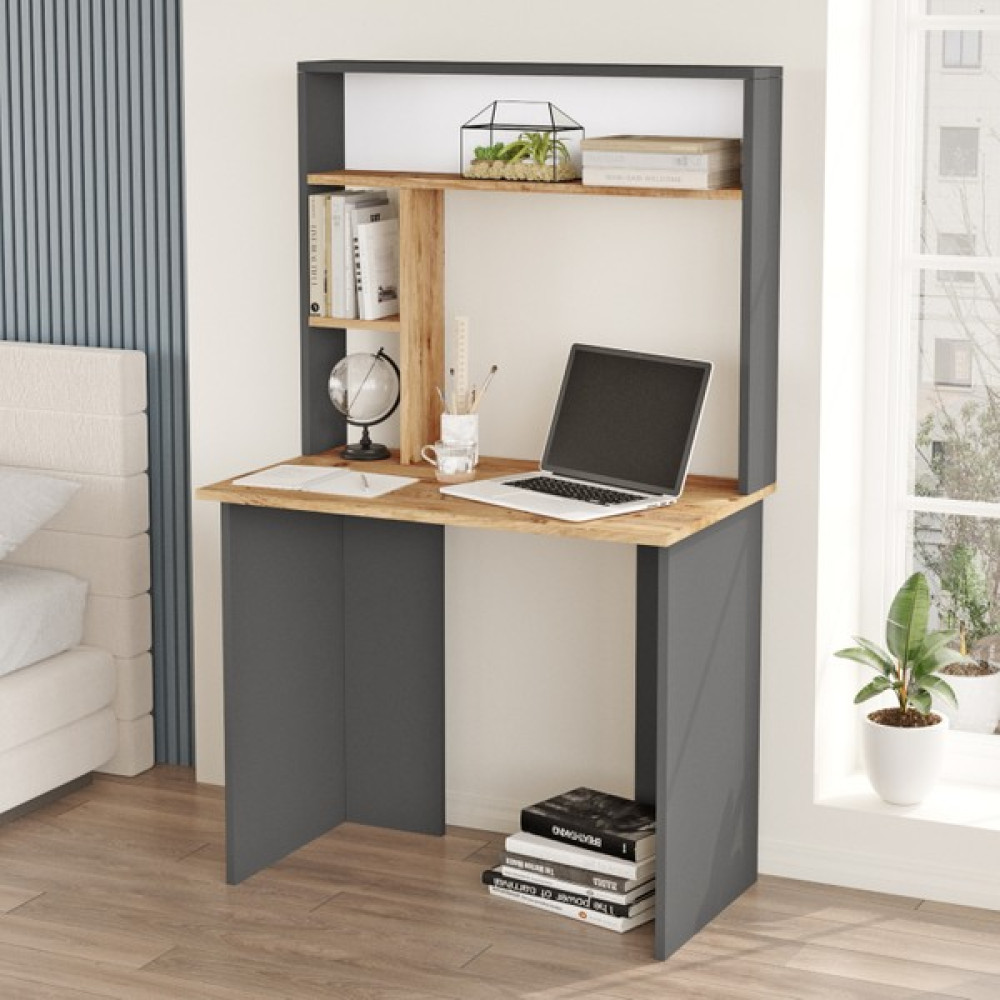 Yurudesign Bremen Çalışma Masası Kitaplık Raf Çam-Antrasit Br2-Aa - Y: 180 cm D: 100 cm G: 180 cm - Atlantik Çam Çalışma Masası Fiyatı
