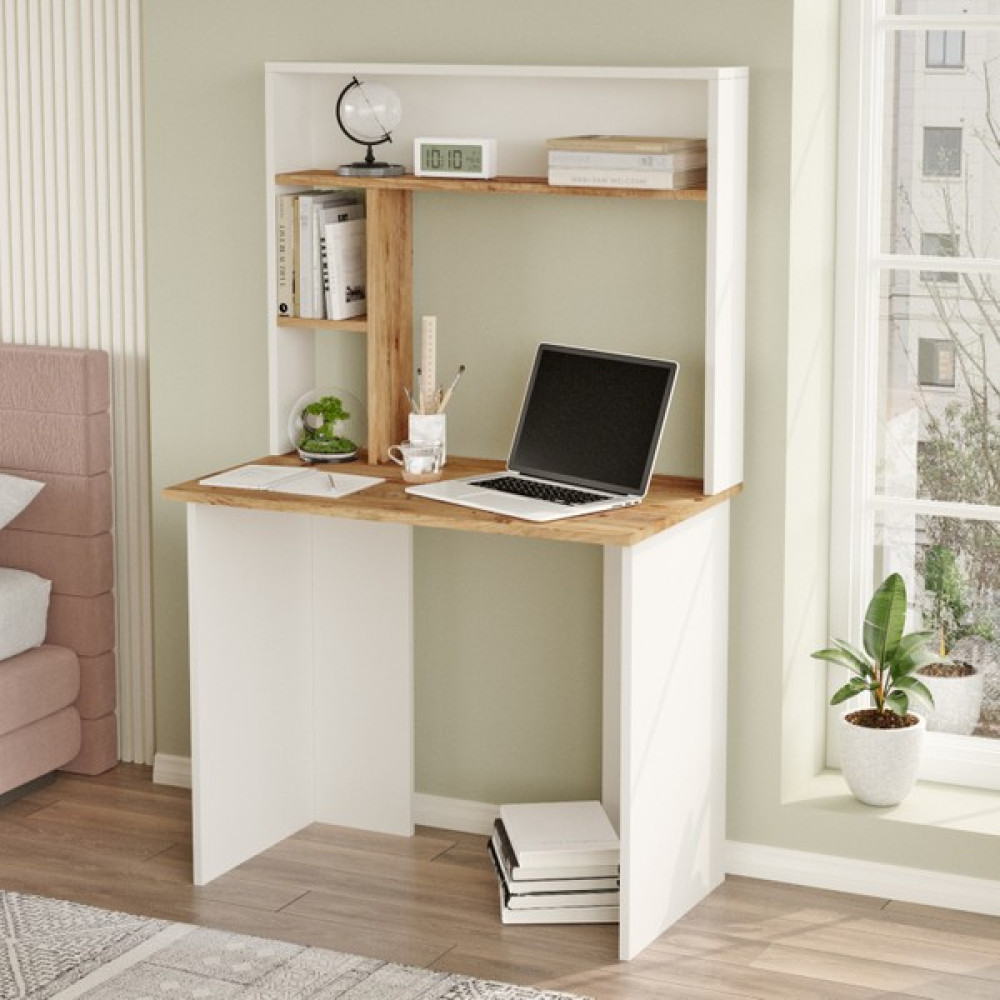 Yurudesign Bremen Çalışma Masası Kitaplık Raf Çam-Beyaz Br2-Aw - Y: 180 cm D: 100 cm G: 180 cm - Atlantik Çam Çalışma Masası Fiyatı