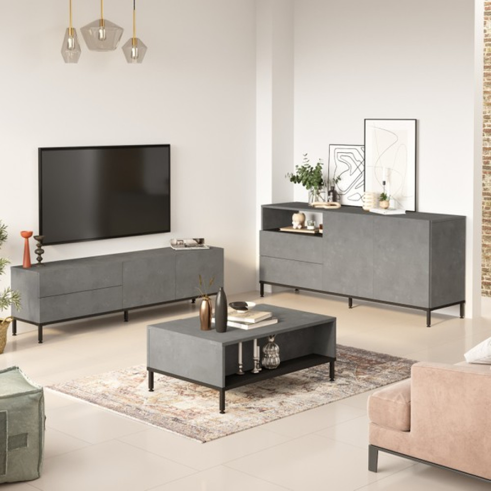 Yurudesign Luvio Tv Ünitesi Orta Sehpa Konsol Metal Ayaklı 3'lü Set Beton-Siyah LV36-RL - Beyaz Tv Ünitesi / Sehpası Fiyatı