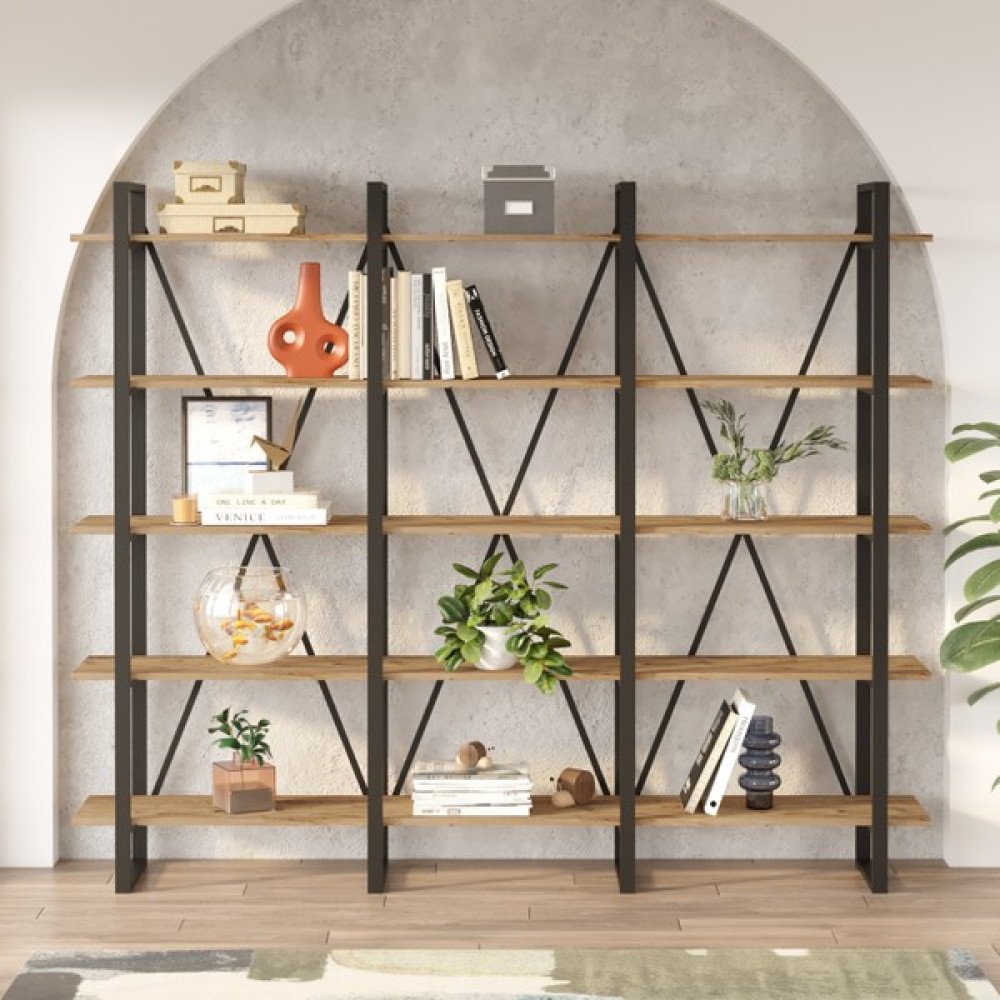 Yurudesign ML4 5 Raflı Iron Metal Kitaplık 220 x 34 x 180 cm - 220 cm - Meşe - Gri Kitaplık Fiyatı