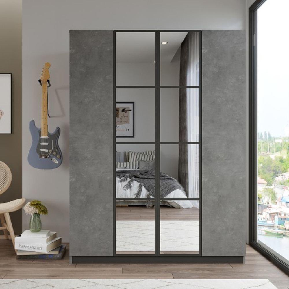 Yurudesign New Home 4 Kapaklı Çekmeceli Aynalı Gardırop Elbise Dolabı Beton Hm2-Rg Gardrop & Dolap Fiyatı
