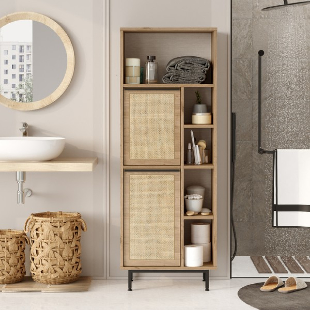 Yurudesign Ocean Banyo Dolabı Çok Amaçlı Dolap 2 Kapaklı Metal Ayaklı Uv Baskı Sepet-Jüt ON10C-SU - Kahverengi Banyo Dolabı / Mobilyası Fiyatı