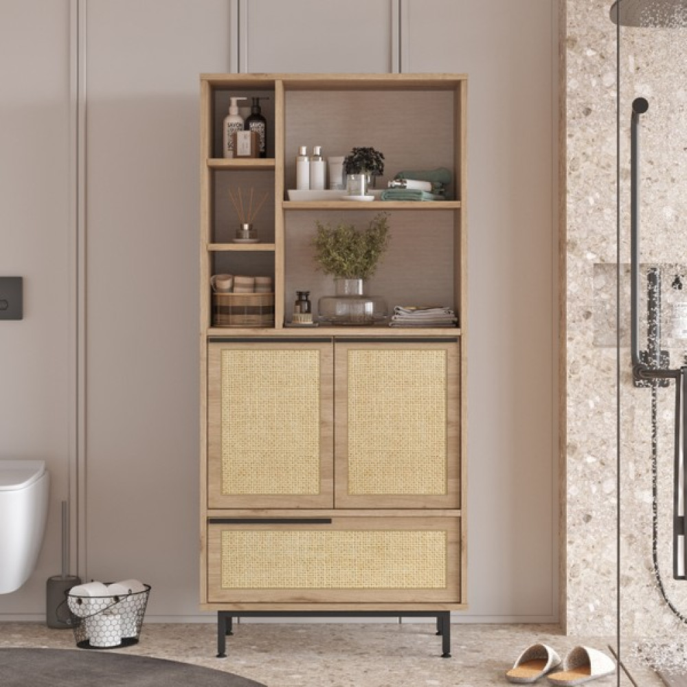 Yurudesign Ocean Banyo Dolabı Çok Amaçlı Dolap 3 Kapaklı Metal Ayaklı Uv Baskı Sepet-Jüt ON9C-SU - Kahverengi Banyo Dolabı / Mobilyası Fiyatı