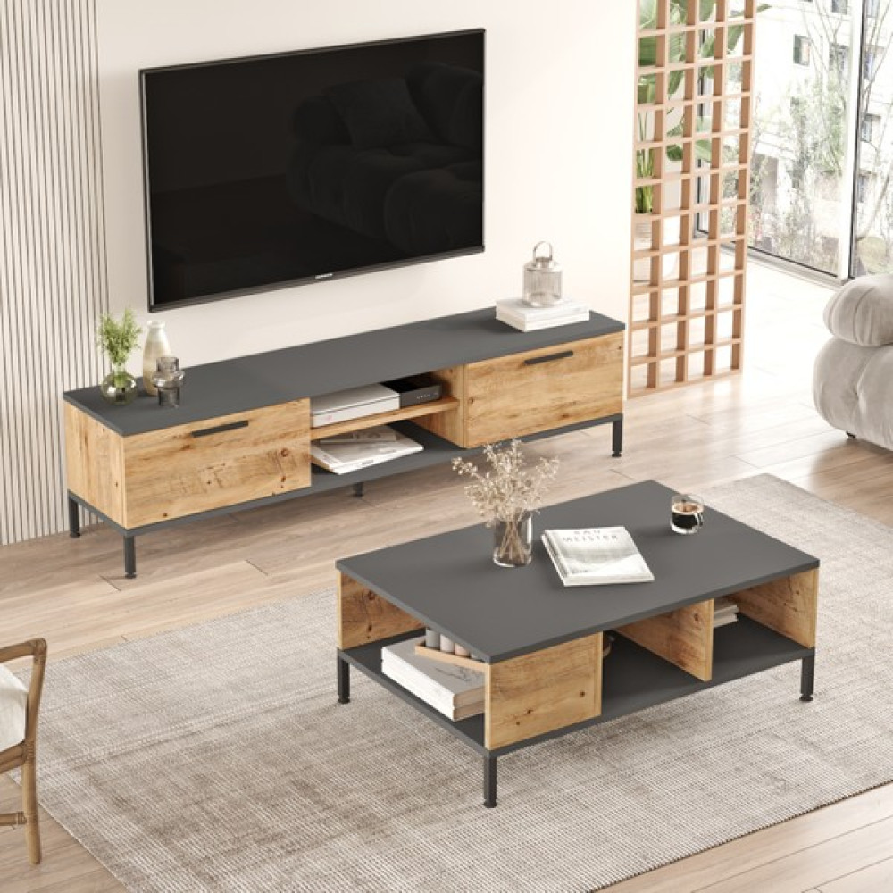 Yurudesign Royal Tv Ünitesi 2'li Set Orta Sehpa Metal Ayaklı Çam Rl5-Aa Tv Ünitesi / Sehpası Fiyatı
