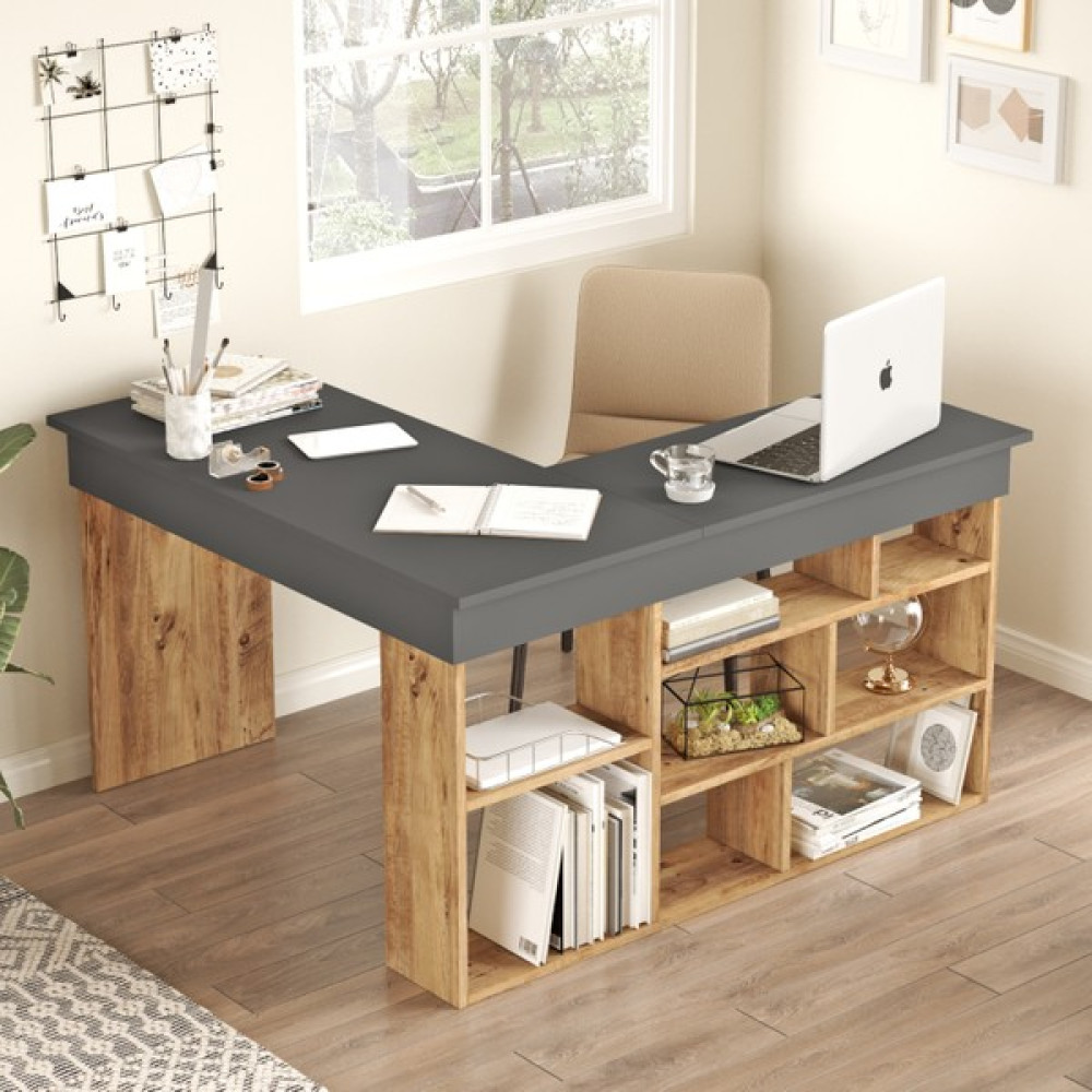 Yurudesign Tywin Kitaplık Raflı Çalışma Masası Çam-Antrasit - Y: 72 cm D: 40 cm G: 129 cm - Antrasit Çalışma Masası Fiyatı