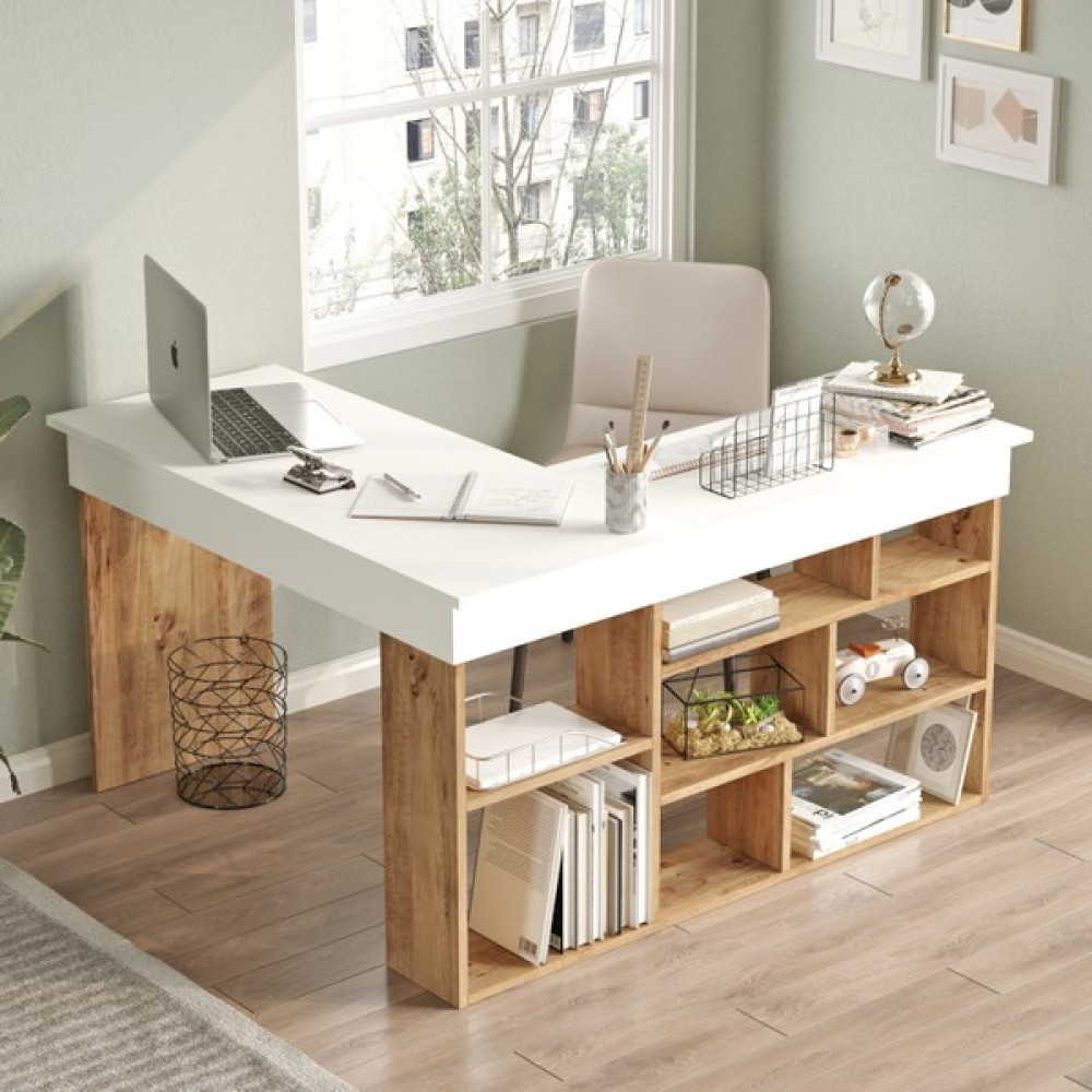 Yurudesign Tywin Kitaplık Raflı Çalışma Masası Çam-Beyaz - Y: 72 cm D: 40 cm G: 129 cm - Beyaz Çalışma Masası Fiyatı