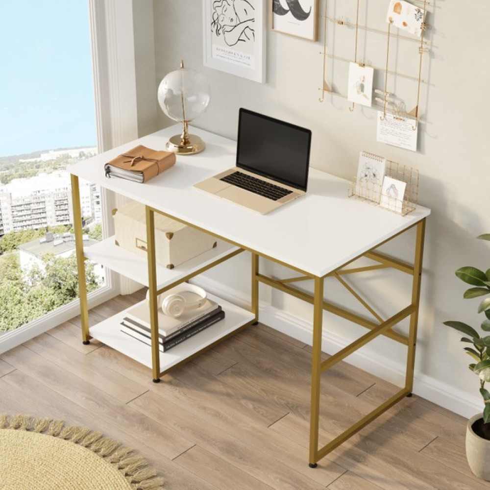 Yurudesign Voyage Gold Metal Çalışma Masası Raflı 120CM Beyaz VG23-W Kitaplık Fiyatı