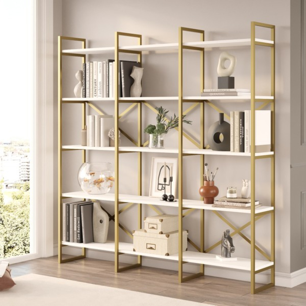 Yurudesign Voyage Gold Metal Kitaplık 5 Raflı Geniş 3 Bölme 175CM Beyaz Vg6-W Kitaplık Fiyatı