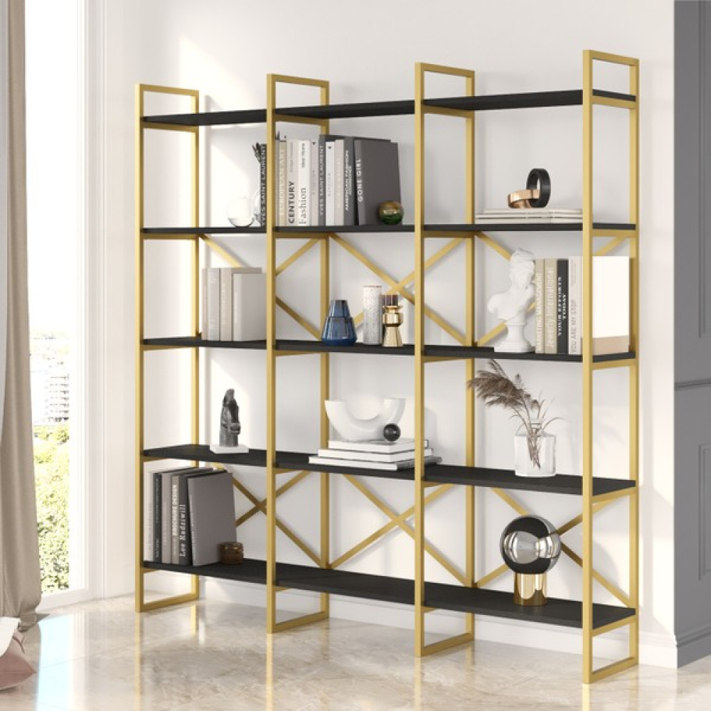 Yurudesign Voyage Gold Metal Kitaplık 5 Raflı Geniş 3 Bölme 175CM Siyah Vg6-Lb - Beyaz Kitaplık Fiyatı
