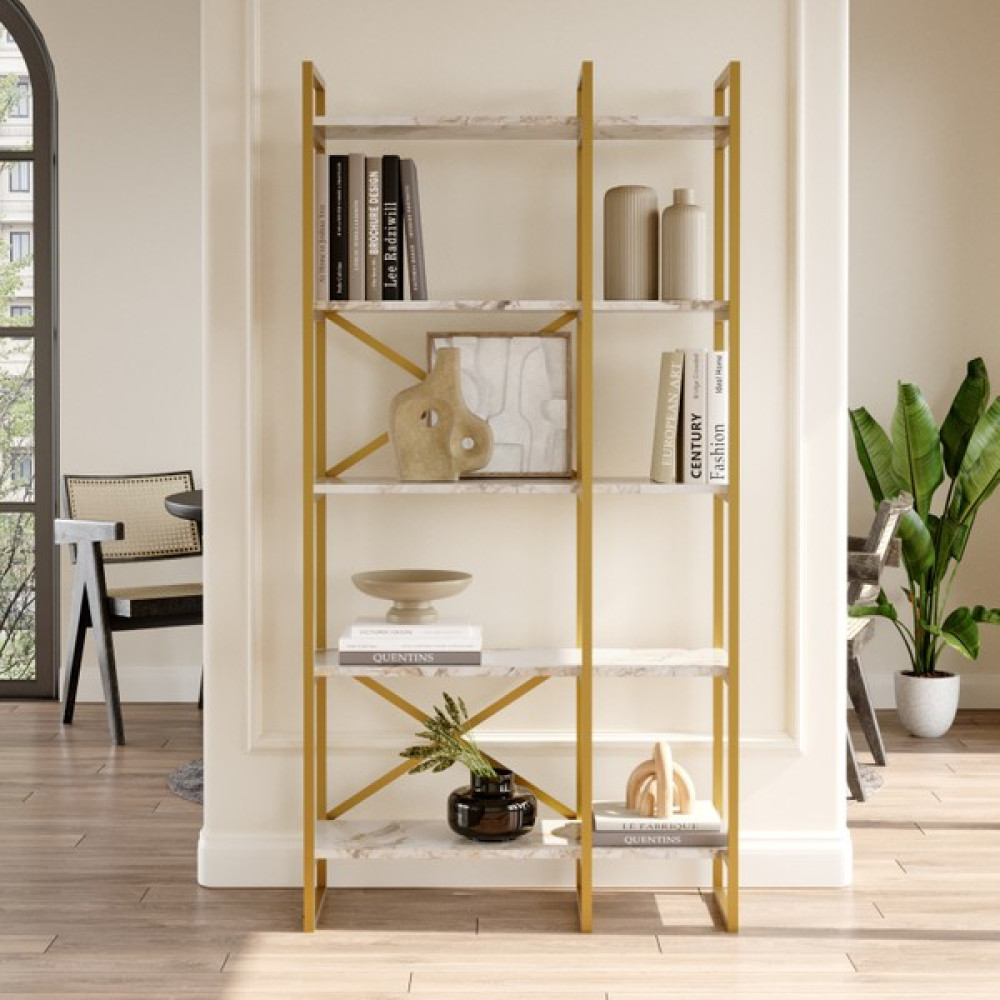 Yurudesign Voyage Gold Metal Mermer Desen 5 Raflı 2 Bölme Kitaplık 175 cm Vg4-Ge Kitaplık Fiyatı