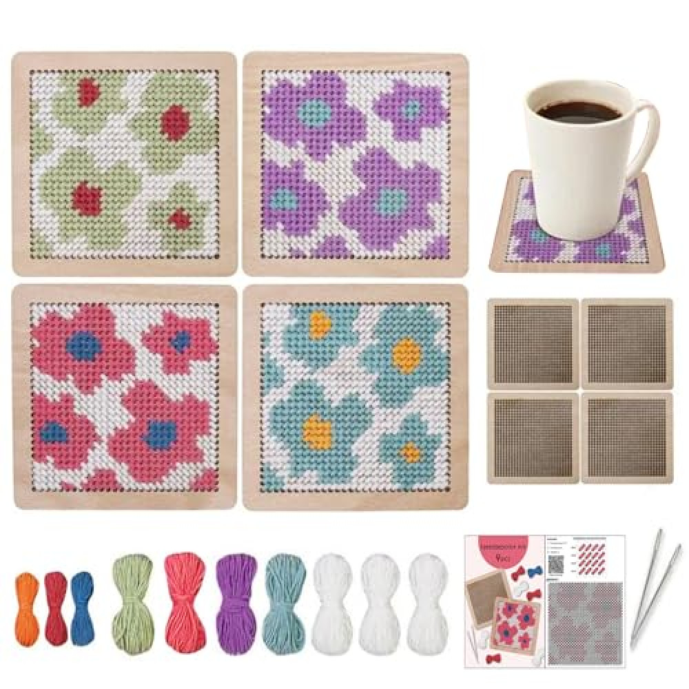 Yushen 4Pcs Flower Coaster Needlepoint Kit for Adult Cross Stitch Kits DIY Adults Needlepoint Embroidery Starter Set with Patterns Embroidery Needles Threads Crafts (Flower)