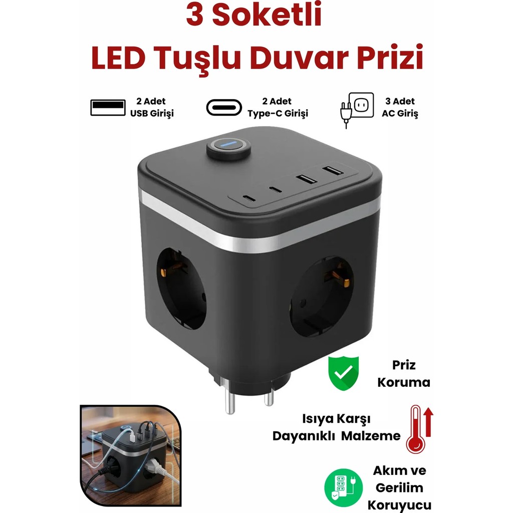 Yussraw 3 Priz + 2 USB (2 Type-C) Akım Korumalı Anahtarlı 3lüçuvaltıcı Küp Priz - Çok Renkli Bilgisayar Çevirici ve Adaptörü Fiyatı