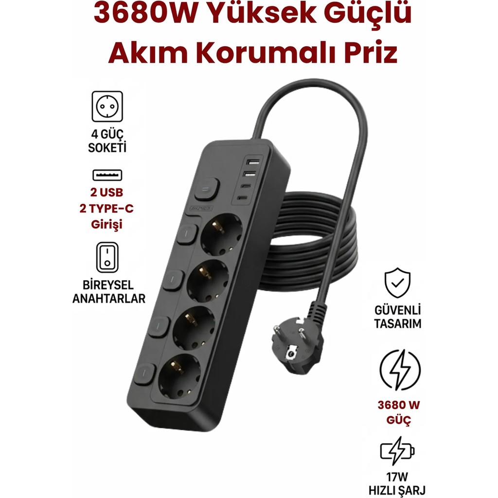 Yussraw 4lü Priz + 2 USB (2 Type-C) Akım Korumalı Anahtarlı Uzatma Kablosu – 2 Metre - Siyah Bilgisayar Çevirici ve Adaptörü Fiyatı