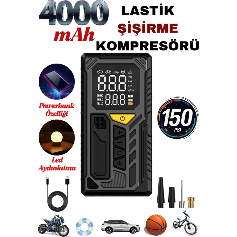 Yussraw auhma A7777Şarjlı Hava Kompresörü 4000 Mah 4ın1 Şarjlı+Araç Taşınabilir Araç Lastik Top Şişirme Pompası Oto Hava Kompresörü Fiyatı